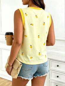 Chaleco sin mangas de mujer de talla grande, casual, de cuello redondo y con estampado de limón, de hombros anchos - Multicolor 3 - Ver 2