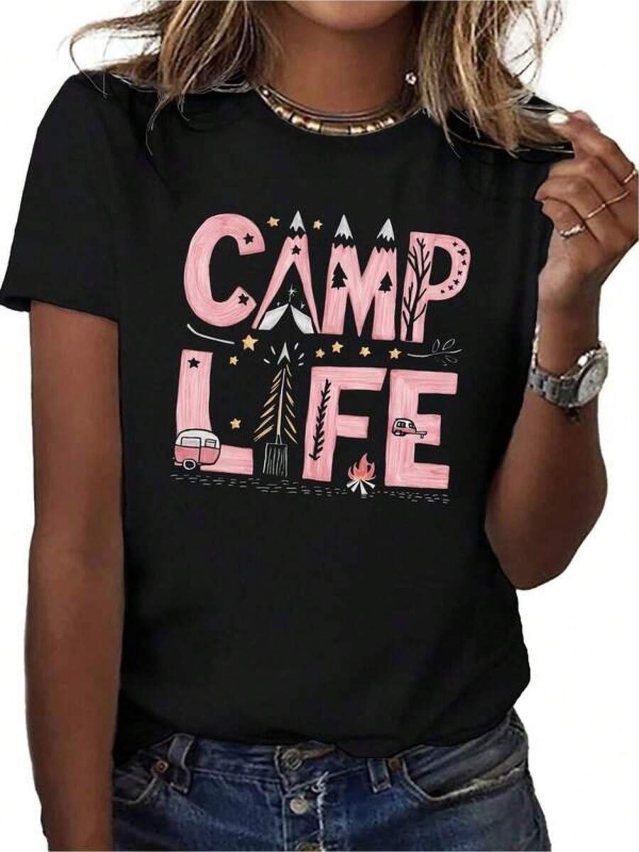 100% Algodón Premium 180g : Camiseta única Camp Life con diseño vibrante y moderno perfecta para los amantes de la naturaleza y la aventura y2k ideal para lucir en tus escapadas o en la ciudad agrégale un toque especial a tu atuendo diario. Ropa de Moda Casual Suave y Transpirable para Diario - Negro - Ver 1