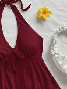 Bata escote en V con lazo y espalda descubierta informal de estilo casual para vacaciones, adecuada para el verano - Burdeos - Ver 3