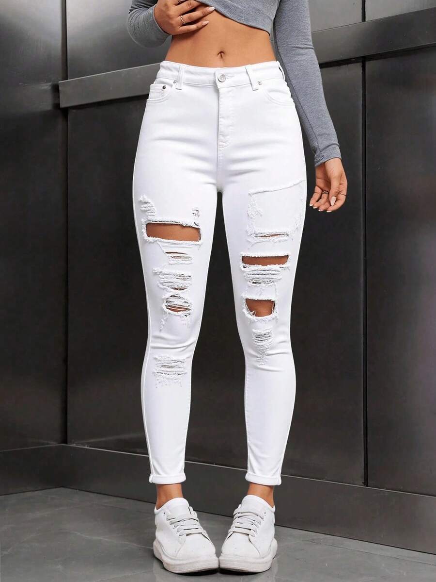 Jeans pitillo de talle alto y rotos - Blanco - Ver 1