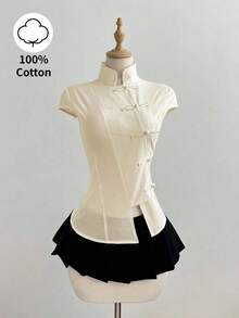 Camisa ajustada de manga corta con cuello mao de algodón negro, nuevo estilo chino retro elegante y versátil para ir a la oficina o el campus, ideal para primavera/verano - Gris - Ver 8