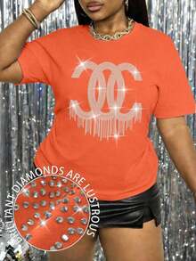Camiseta de manga corta con eslogan y diamantes de imitación para mujer, tallas grandes - Naranja - Ver 7