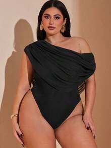 Mono de mujer talla grande con cuello asimétrico, ropa de vacaciones, primavera/verano - Negro - Ver 1