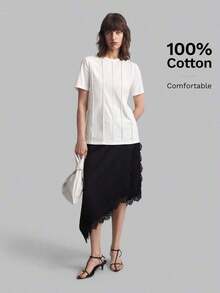 Camiseta casual de mujer de manga corta con cuello redondo, diseño de rayas de palillo de dientes de unicolor, adecuada para uso casual urbano de primavera/verano, moda minimalista, viajes de oficina, sencillez elegante, atuendo para el Día d - Caqui 2 - Ver 7
