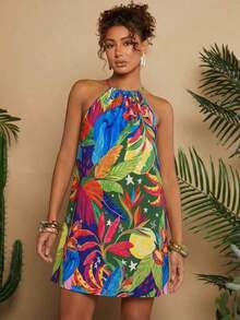 Vestido corto holgado con hombros al descubierto y estampado tejido para mujeres para vacaciones - Azul 2 - Ver 2