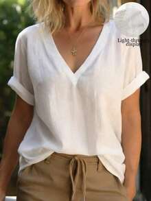 Blusa casual holgada de mujer de unicolor con cuello en V y manga corta - Blanco - Ver 4