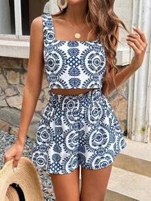 Frenchy Conjunto de dos piezas con top de tirantes y shorts con estampado todo sobre todo, textura cómoda, elegante para vacaciones de verano - Azul - Ver 4