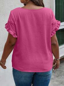 Blusa casual con cuello redondo, mangas con volantes y estampado floral para mujer de talla grande - Rosa vieja - Ver 2