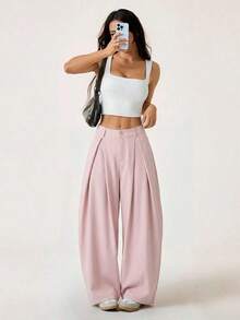 Pantalones anchos de verano con dobladillo curvo verde, estilo vintage, casual y para salir - Rosa - Ver 5