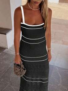 Vestido de punto ajustado sin mangas con rayas negras y beige elegante y minimalista para mujer, vestido de ganchillo ajustado casual con recortes, para primavera/verano/otoño - Blanco y Negro - Ver 4