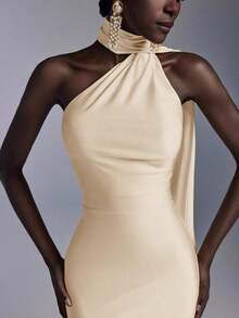Vestido largo de sirena con espalda abierta y ajustado, de estilo minimalista, adecuado para asistir a fiestas formales, reuniones y galas formales de damas - Albaricoque - Ver 4