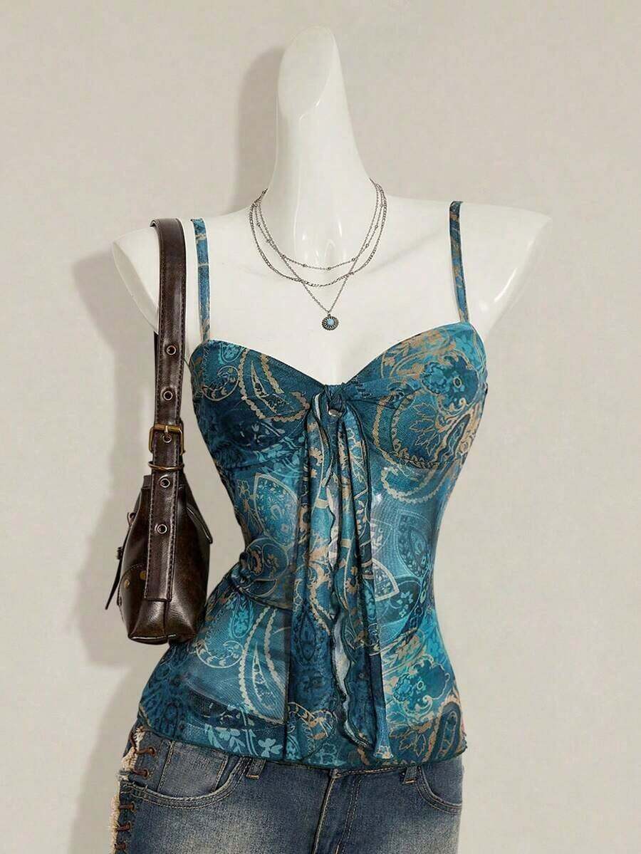 ICON Camiseta de tirantes plisada con estampado de paisley vintage Y2K para mujer - Verde - Ver 1