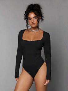 Body De Manga Larga Con Cuello Cuadrado Para Mujer - Negro 2 - Ver 6