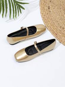 Sepatu Mary Jane Minimalis Ujung Persegi, Sepatu Wanita Serbaguna - Emas - View 15