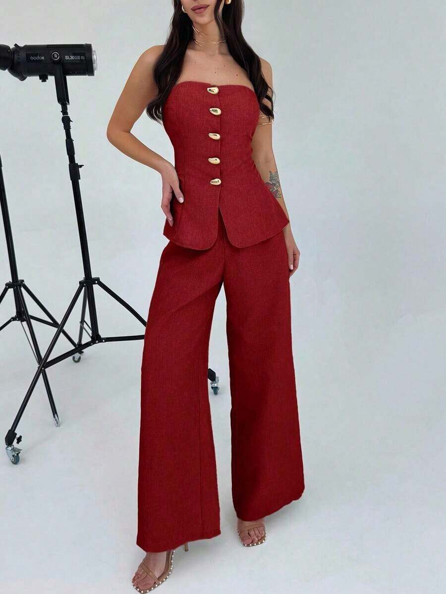 Conjunto de 2 piezas para mujer con top bandeau con botones metálicos elegantes y minimalistas, y pantalones anchos de talle alto en caqui, adecuado para la oficina, el ocio y las vacaciones - Burdeos - Ver 1