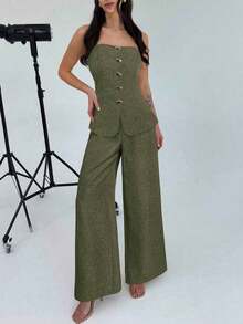 Conjunto de 2 piezas para mujer con top bandeau con botones metálicos elegantes y minimalistas, y pantalones anchos de talle alto en caqui, adecuado para la oficina, el ocio y las vacaciones - Verde militar - Ver 7