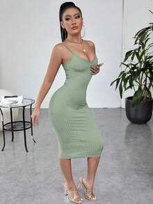 Vestido ajustado unicolor tejido de canalé - verde menta - Ver 3