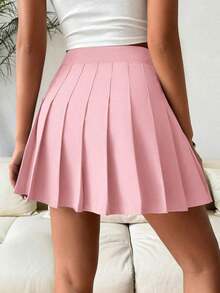 Falda pantalón casual de talle alto con pliegues y rayas para mujer - Rosa - Ver 2
