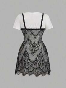 Vestido mini de encaje en negro y blanco talla grande 2 en 1 - Blanco y Negro - Ver 9