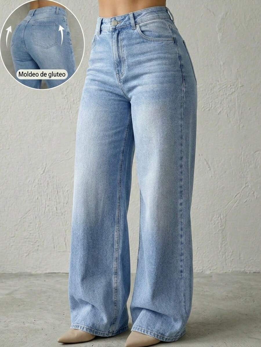 Pantalón De Mezclilla Para Mujer Corte Amplio Cintura Alta - Lavado ligero - Ver 1