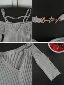 Áo dệt kim không tay cổ chữ V dáng ôm, kiểu dáng mới mùa Xuân/Hè, có cúc cài ở cổ tay. - hoa màu xám - Xem 6