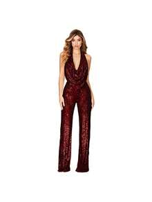 Monochromatic Gold Sequined Dress, Deep V-Neck Halter Neckline, Sleeveless Wide-Leg Design, Stretchy Shimmering Fabric Ideal For Evening Parties, Festive Events And Winter, Glamorous Sexy Style Perfect For Elegant Dinners And Celebrations - 酒紅色 - 查看 3