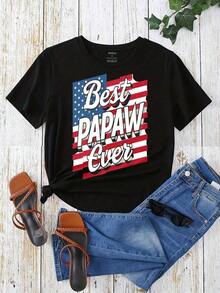 Women's Oversized Crew Neck Graphic Tees, 100% Cotton T-Shirt, Casual American Flag "World's Best Dad" Tee, Loose Fit Short Sleeve Tops For Spring, Fashionable Summer Basic Tees, Gift Clothing For Women, Women's T-Shirts - 黑色 - 查看 2