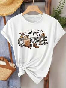 Women's 100% Cotton T-Shirt 2026 - Elegant Short Sleeve Style For Women, Coffee Theme Print T-Shirt With Round Neck, Suitable For Spring, Summer, Autumn, Fashion For Work Travel, Vacation, Daily Wear, Casual Elegant Retro Style - Summer Clothes For Women - Summer T-Shirts Suitable For Spring, Summer And Autumn. - 白色 - 查看 7