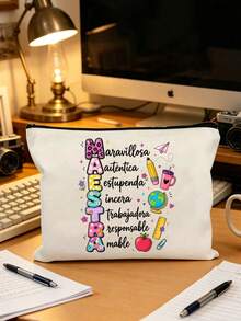 Maestra Theme Makeup Bag Set, Spanish Teacher's Day Gift Makeup Bag, "Gracias Maestra" Floral Heart Print Canvas Zipper Bag, Maestra Letter Pattern Makeup Bag, Floral Print Zipper Women's Makeup Bag, Gift For Her, Suitable For Women's Cosmetic Storage, College Dorm Cosmetic Storage, Women's Travel, Gift Bag, Teacher's Day Gift Bag - Multicolor - View 15