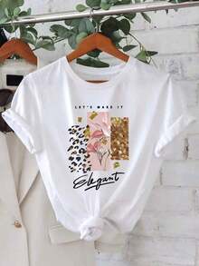Camiseta Casual para Mujer con Estampado Floral y Letras, Diseño Elegante, Cuello Redondo, Manga Corta, Ligera, para Primavera y Verano, 100% Algodón, Resistente - Blanco - Ver 1