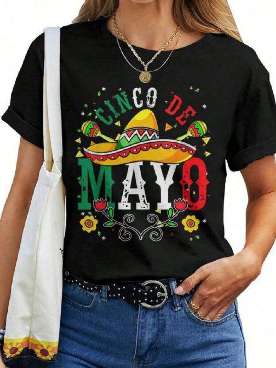 Camiseta genial informal para el Cinco de Mayo, Viva México, fiesta de la independencia mexicana, camiseta de mujer con bandera, manga corta, cuello redondo, de algodón, para la moda de verano. - Negro - Ver 1