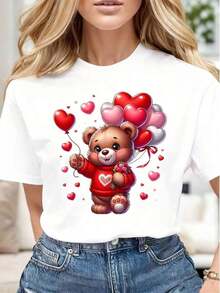 Camiseta Casual para Mujer con Estampado de Oso Lindo Sosteniendo Globos en Forma de Corazón y Flores, Suave y Cómoda, Regalo para San Valentín, Día de la Madre, Cumpleaños - Estilo Vintage Urbano, Unisex, de Algodón, Manga Corta, Cuello Redondo, Blusas para Mujer. blusas.blusas casuales para dama.Impresión de osos cariñosos.Camiseta estampada Impresión de osos cariñosos. - Blanco - Ver 5