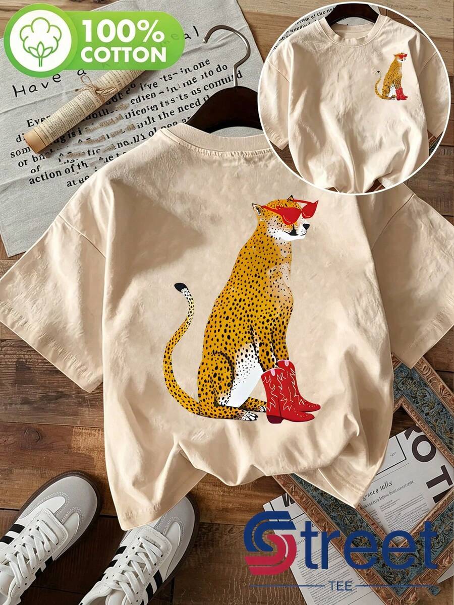 Camiseta de Verano Premium para Mujer con Estampado Retro Americano, Estampado de Leopardo con Gafas de Sol y Botas Rojas, Moderna y Única, Adecuada para Uso Diario o Urbano, Estampado a Doble Cara en la Parte Delantera y Trasera, Diseño Simple y Elegante, Transpirable, Ropa Casual de Verano, Unisex. - Albaricoque - Ver 1