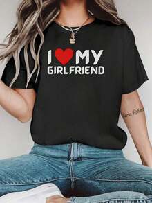 Women's Black T-Shirt With "I Love My Girlfriend" Heart Print - Short Sleeves, Crew Neck, Lightweight Polyester,  Top For Spring/Summer, Casual Wear. | Impact Fashion | Lightweight Top Women's Blouses > Clothing - 黑色 - 查看 1