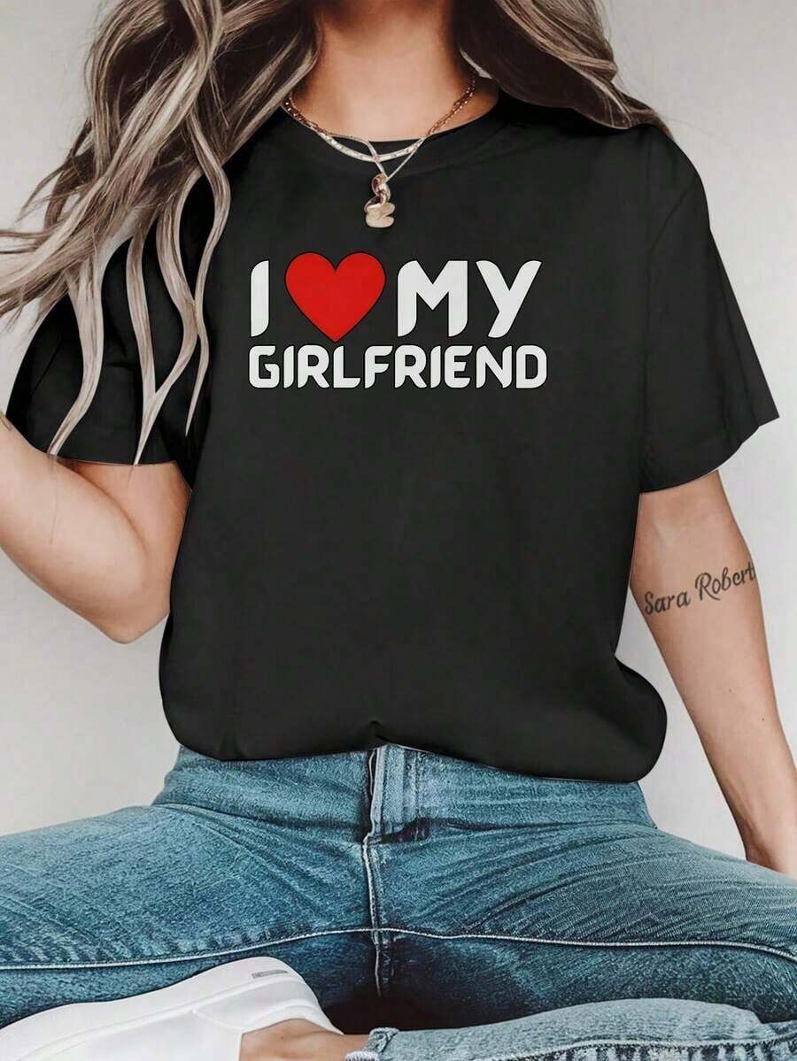 Women's Black T-Shirt With "I Love My Girlfriend" Heart Print - Short Sleeves, Crew Neck, Lightweight Polyester, Top For Spring/Summer, Casual Wear. | Impact Fashion | Lightweight Top Women's Blouses > Clothing - 黑色 - 查看 1