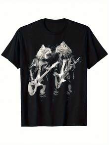 Camiseta Gráfica Divertida de Gatos Rockeros Jugando la Guitarra - Camiseta de Algodón Grueso y Suave para Amantes de la Música, Diseño de Gatos Banda - Tallas S-2XL para Uso Diario y Conjuntos de Concierto, Camiseta de Guitarra, Ropa para Fanáticos de la Música, Diseño de Gato Juguetón, Ajuste Cómodo, Ropa Casual, Humorista - Negro - Ver 1