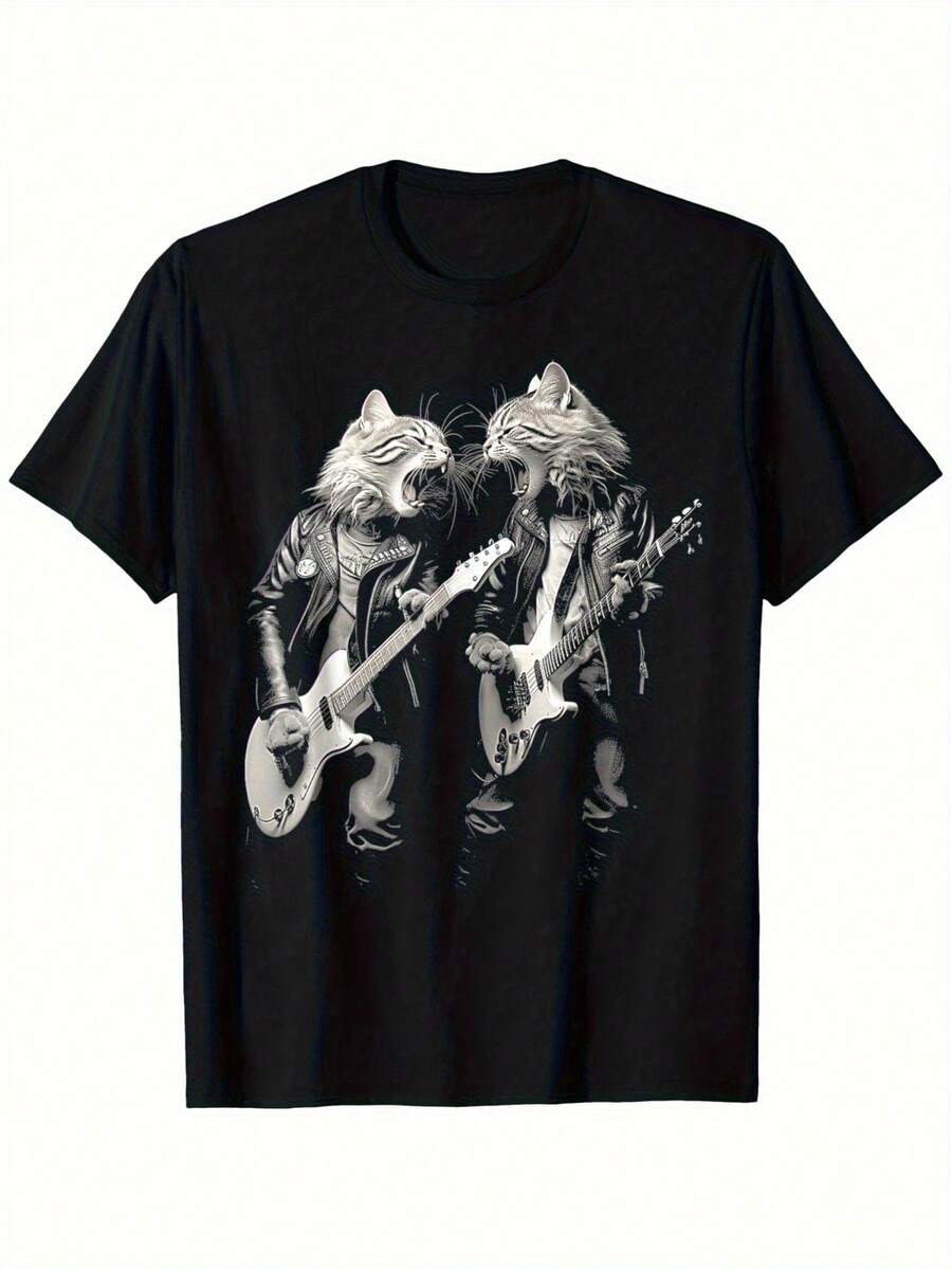 Camiseta Gráfica Divertida de Gatos Rockeros Jugando la Guitarra - Camiseta de Algodón Grueso y Suave para Amantes de la Música, Diseño de Gatos Banda - Tallas S-2XL para Uso Diario y Conjuntos de Concierto, Camiseta de Guitarra, Ropa para Fanáticos de la Música, Diseño de Gato Juguetón, Ajuste Cómodo, Ropa Casual, Humorista - Negro - Ver 1