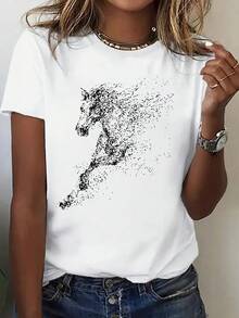 1 New Spring T-Shirt For Women - New Year's Horse Print, Suitable For Sports, Fitness, Running, Fashion And Fun, With A Sleeve Style That Resembles Party Or Graduation Dresses, Ideal For Couple Sets, Sister Sets And As A Short Sleeve T-Shirt That Is An Excellent Gift. - 白色 - 查看 6