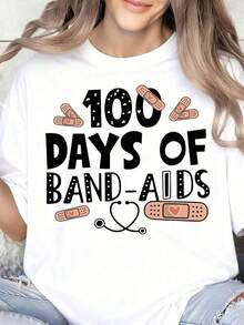 Camiseta de Enfermera con Diseño de 100 Días de Tiritas, Regalo Temático Médico para Enfermeras, Maestros, Estudiantes, Ropa para Celebraciones Escolares - Blanco - Ver 1
