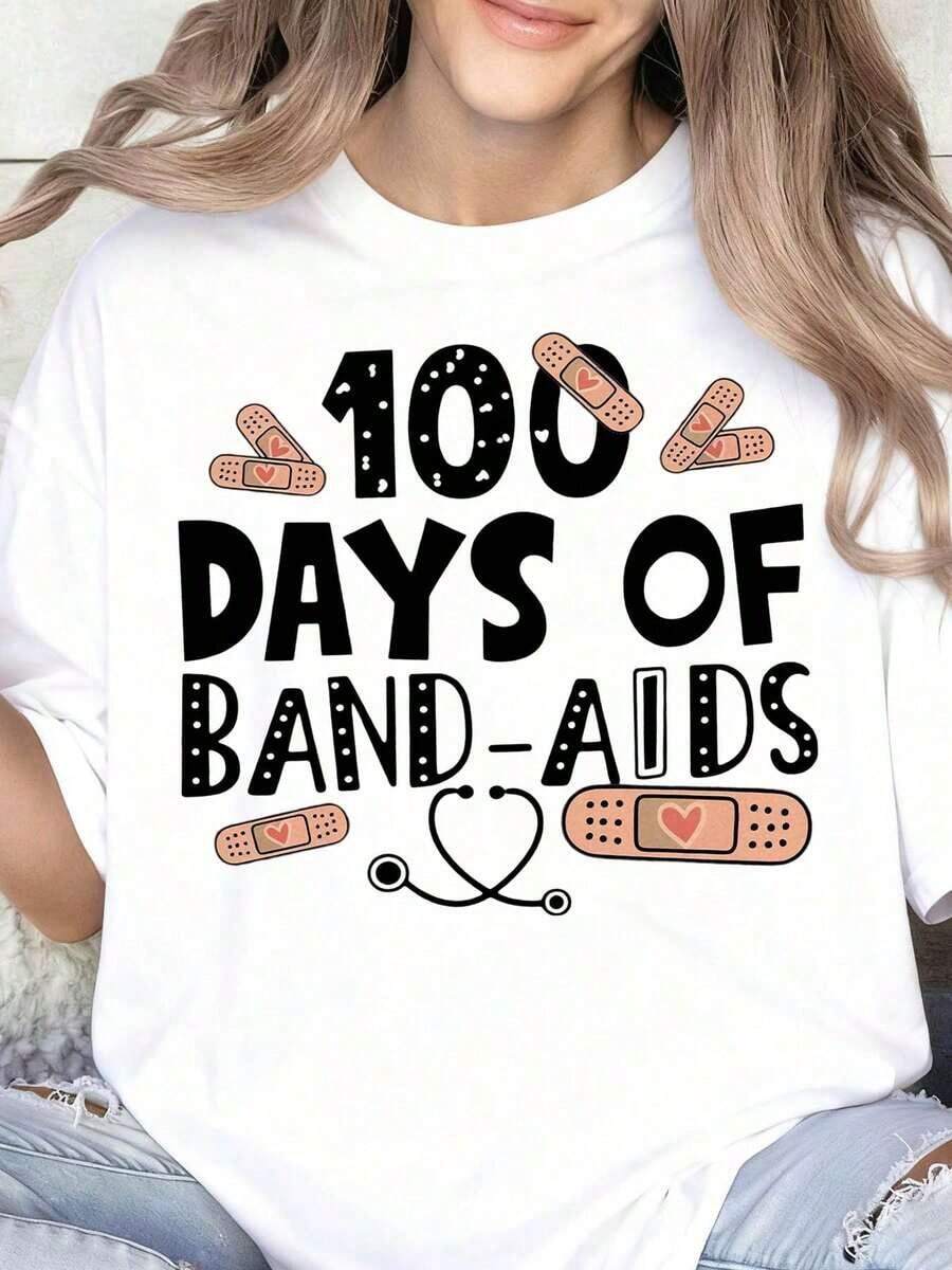 Camiseta de Enfermera con Diseño de 100 Días de Tiritas, Regalo Temático Médico para Enfermeras, Maestros, Estudiantes, Ropa para Celebraciones Escolares - Blanco - Ver 1