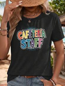 Una camiseta de mujer de manga corta, holgada, moderna, elegante, retro y de buen gusto, adecuada para actividades al aire libre en primavera y verano.Camiseta deportiva casual para mujer con estampado colorido de 'personal de cantina', cuello redondo y mangas cortas, ideal para viajes de verano a la playa.Cómoda, transpirable y versátil en estilo.blusas para mujer,blusas casuales para dama,tops,, mujer premium,y2k,playeras de mujer curvy,ofertas y liquidaciones ropa mujer,playeras deportivas para mujer,,playeras de hombre, mujer,blusas>elegante CZQK - Negro - Ver 1