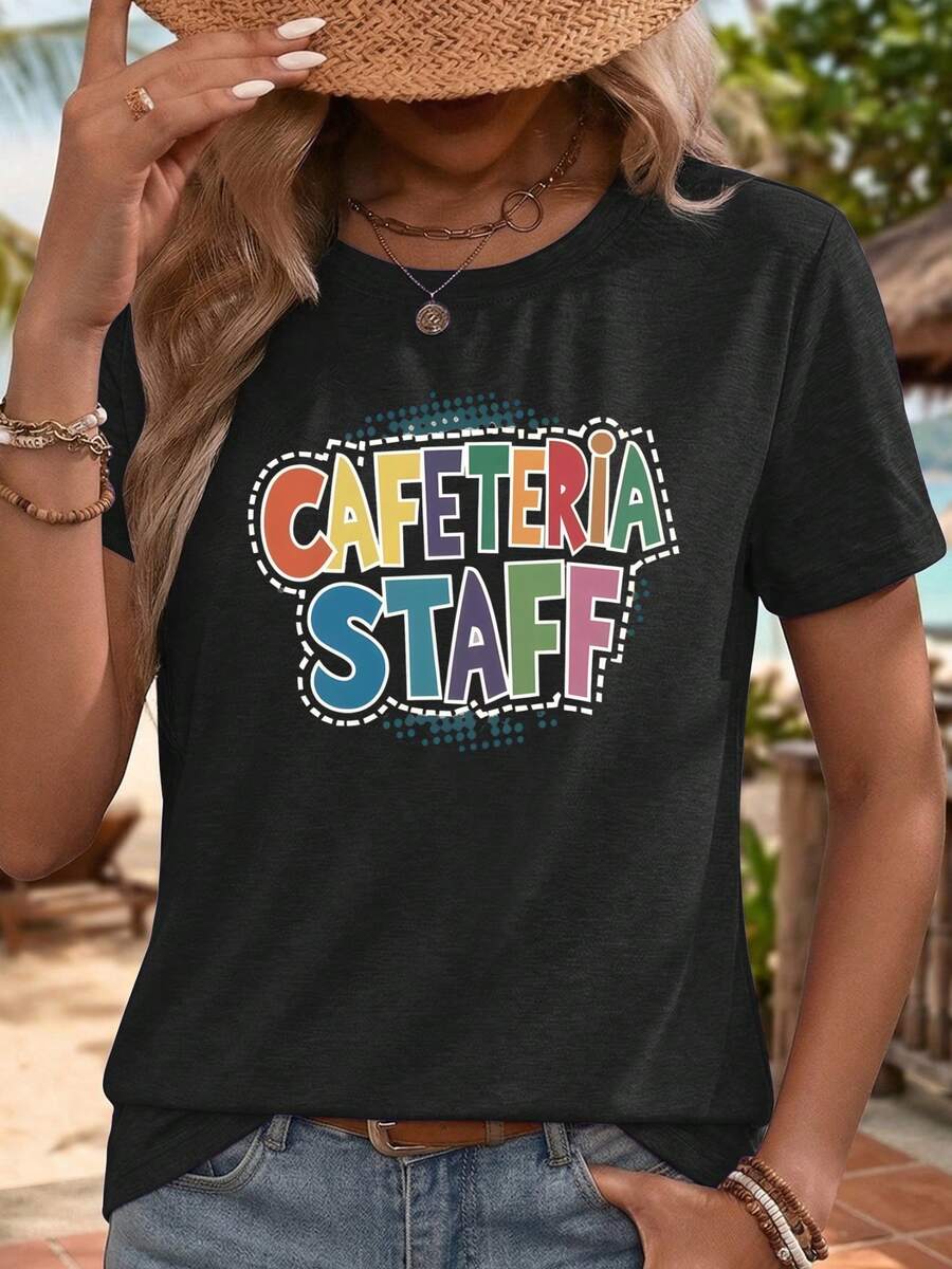 Una camiseta de mujer de manga corta, holgada, moderna, elegante, retro y de buen gusto, adecuada para actividades al aire libre en primavera y verano.Camiseta deportiva casual para mujer con estampado colorido de 'personal de cantina', cuello redondo y mangas cortas, ideal para viajes de verano a la playa.Cómoda, transpirable y versátil en estilo.blusas para mujer,blusas casuales para dama,tops,, mujer premium,y2k,playeras de mujer curvy,ofertas y liquidaciones ropa mujer,playeras deportivas para mujer,,playeras de hombre, mujer,blusas>elegante CZQK - Negro - Ver 1