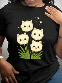 Women's T-Shirt With Pomeranian And Dandelion Print - Lightweight, Crew Neck, Short Sleeve, Ideal For Summer, Machine Washable, Comfortable Casual Wear With Pomeranian Cat And Dog Design, Essential For Spring/Autumn Outfits, Pet Lover Garment, Autumn Clothing, Spring Fashion, Fun Design T-Shirt, Playful Design, Durable Construction, Soft Material, Printed T-Shirt, Suitable As A Gift For Animal Lovers. Women's T-Shirt. Blouses>Elegant. Boho Chic, Soft, Breathable, And Comfortable Women's Top, Ideal For Spring, Summer, And Autumn, Perfect For Vacations, Travel, And Everyday Wear. - 黑色 - 查看 7