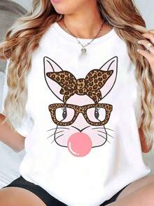 Camiseta de Mujer con Estampado de Gato, Lazo de Leopardo y Gafas de Sol, para el Día de Pascua, Casual, Cuello Redondo, Manga Corta, Suave y Cómoda, 220Gsm - Blanco - Ver 1