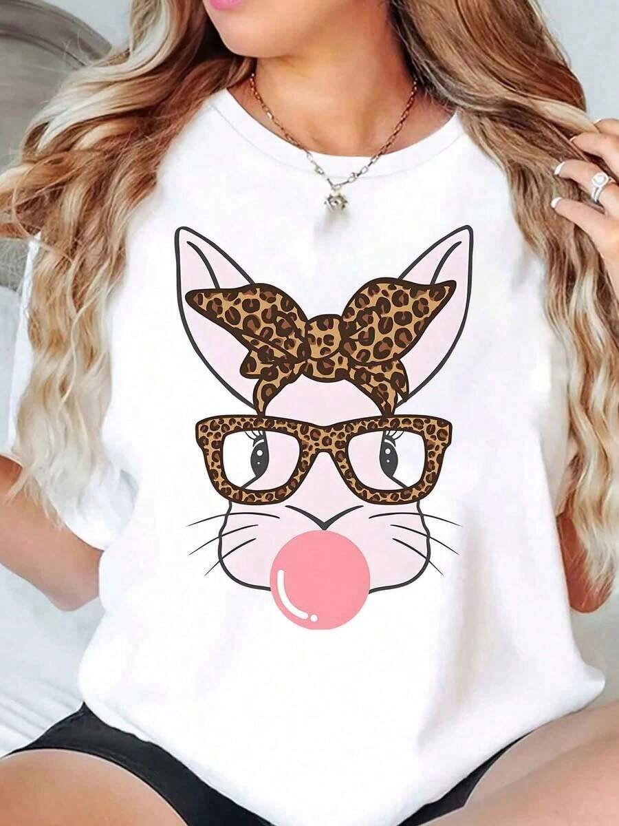 Camiseta de Mujer con Estampado de Gato, Lazo de Leopardo y Gafas de Sol, para el Día de Pascua, Casual, Cuello Redondo, Manga Corta, Suave y Cómoda, 220Gsm - Blanco - Ver 1