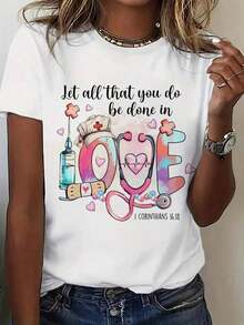 Camiseta Vintage de Algodón para Mujer - Camiseta de Enfermería Inspirada en la Fe Cristiana con Versículo Bíblico (1 Corintios 13:1-13) - Regalo para Trabajadores de la Salud con Diseño de Corazones, Estetoscopio y Cruz Floral - Camiseta Suave de Cuello Redondo para Enfermeras, Médicos, Cuidadores - Camiseta Casual para Todas las Temporadas para Hospital, Clínica, Viajes - Ropa Cristiana Lavable a Máquina 100% Algodón, Ropa Deportiva para Mujer, Suave y Ligera, El Mejor Regalo para Amigas en Año Nuevo, Día de San Valentín y Cumpleaños para Uso Diario - Blanco - Ver 7