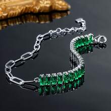MDFUN 18K White Gold Plated Bracelet, Baguette Cut CZ Half Tennis Half Paperclip Chain Adjustable Bracelet, Multicolor Elegant Jewelry For Women - Green - View 3