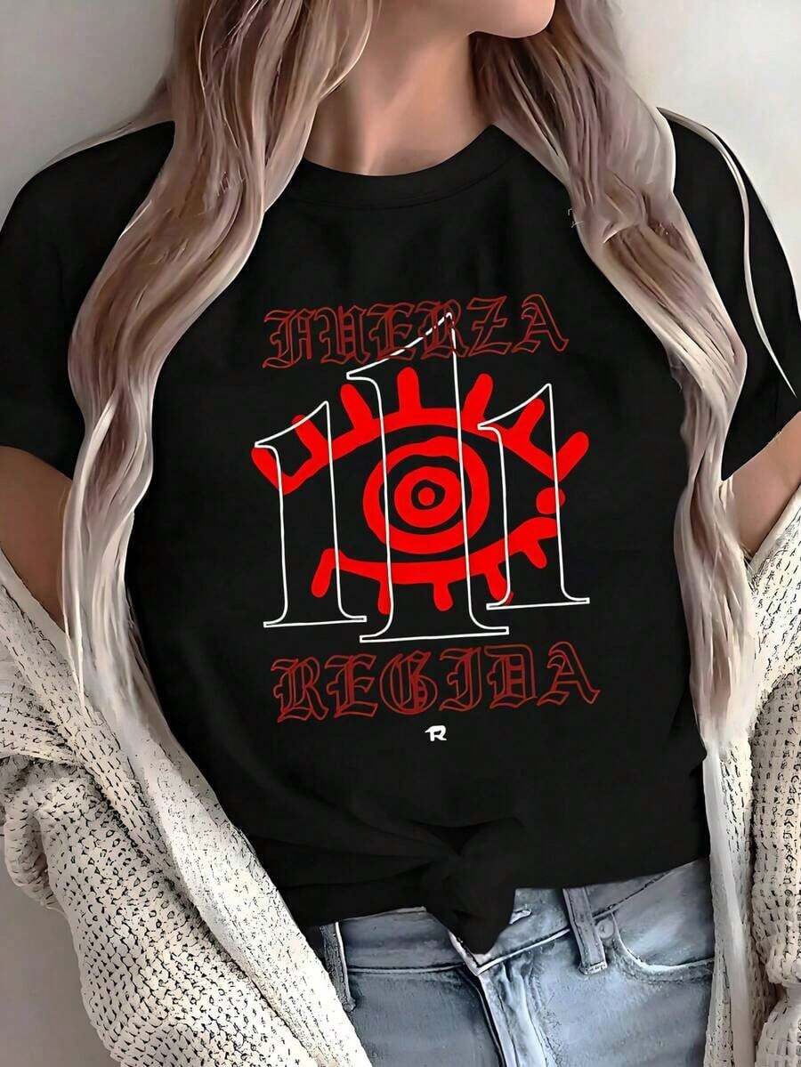 Women's Blouses Official Black "FUERZA REGIDA" T-Shirt With 111 And Eye Print, Gothic Style Mexican Regional Band T-Shirt, Oversized Loose Fan Blouse, Music Clothing For Women () - 黑色 - 查看 1