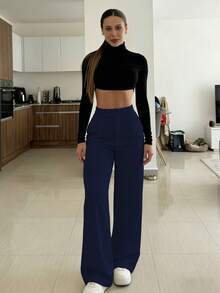 Quiet Luxury Navy Blue High-Waist Pleated Wide Leg Pants For Women, Woven Non-Stretch Draping Anti-Wrinkle All-Season Commute Long Pants - Blue - View 4