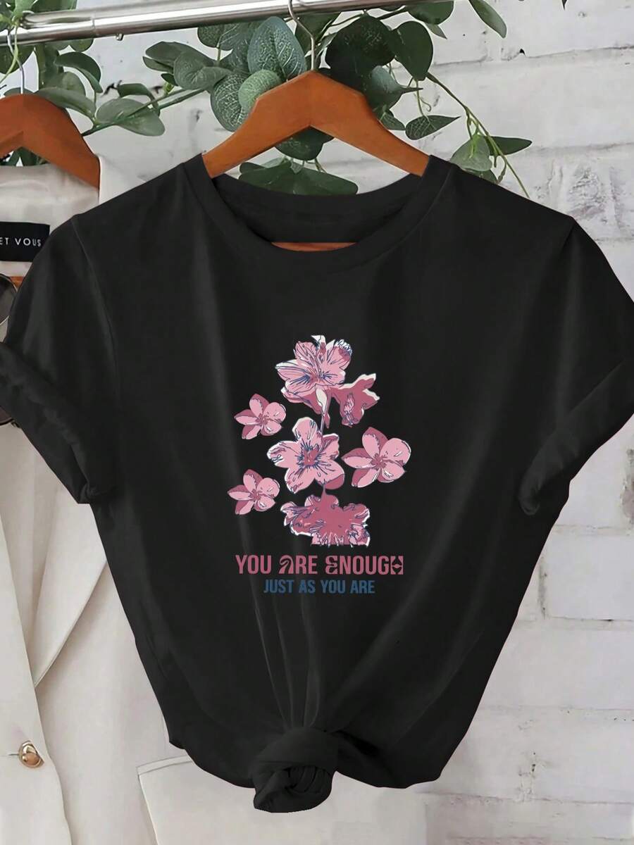 Women's Tops, Women's T-Shirts, Mother's Day, Casual Blouses For Ladies, Women's Tops, 2000s Style, Women's T-Shirt With Floral Design That Promotes Emotional Comfort And Self-Encouragement, With A Soft Style And Short Sleeves, Perfect For A Positive Atmosphere. - 黑色 - 查看 1